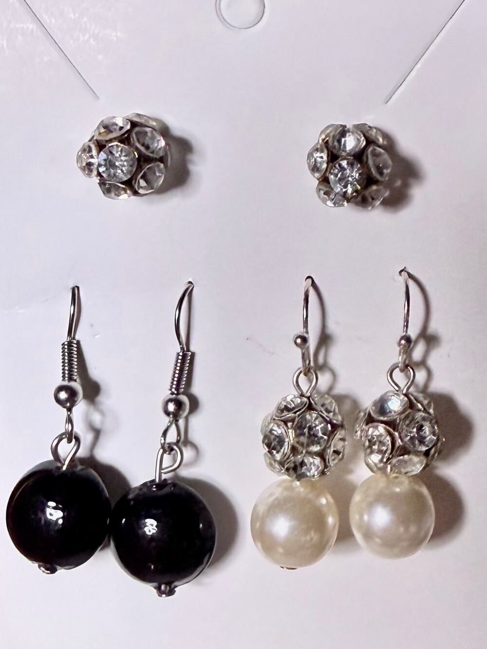 Black Bead, Faux Pearl & Rhinestone Earrings | Set of 3 Pairs